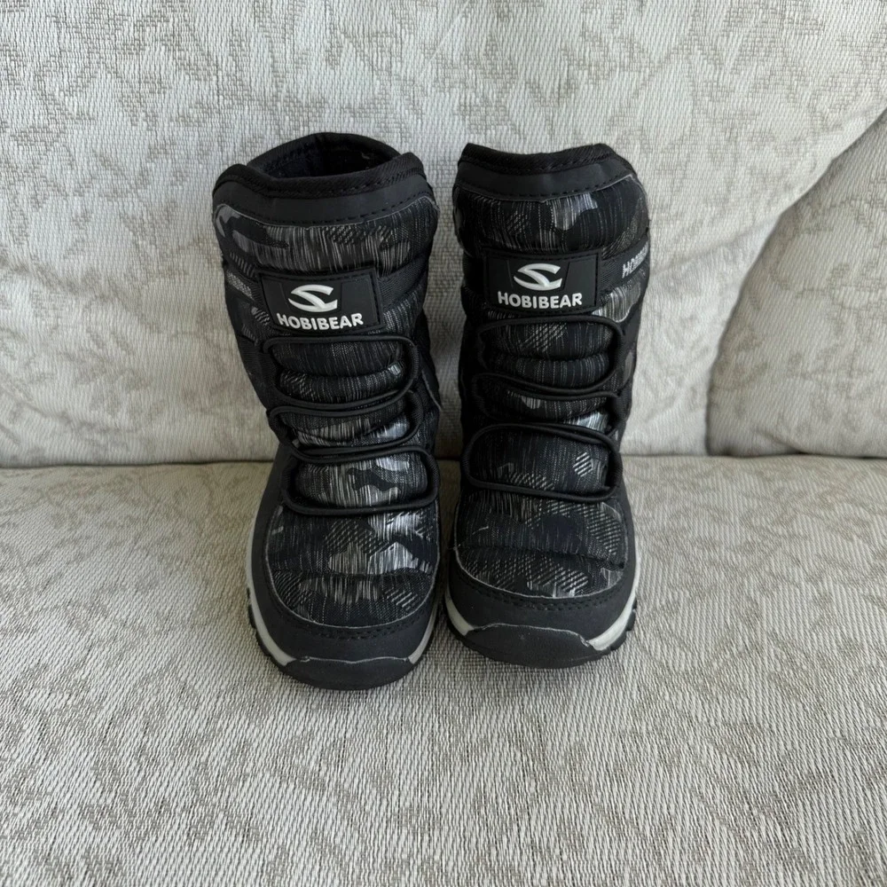 Hobibear Kids Winter Snow Boots Gray Camo Faux Fur Lined Size EU 30 US 12.5 EUC